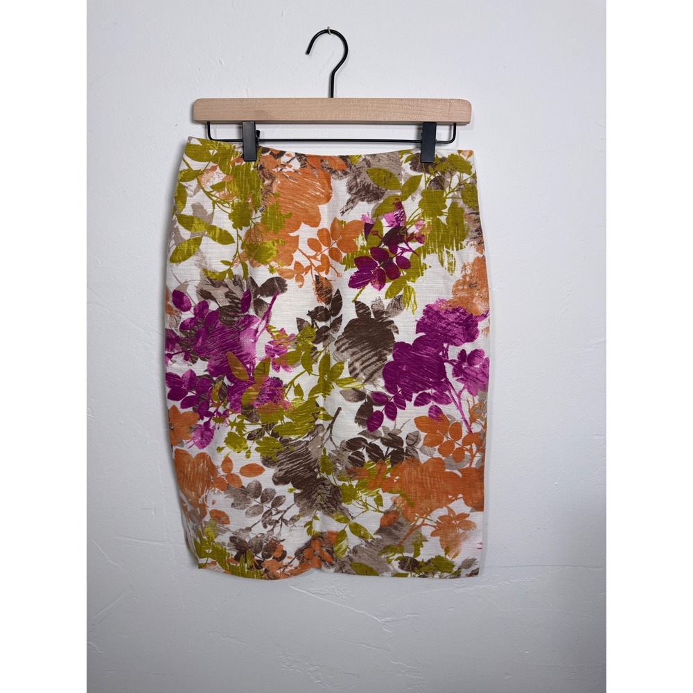 Pendleton Floral Linen Cotton Pencil Skirt Size 6 Purple Orange Olive Green Knee